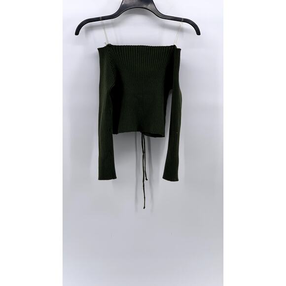 CHOCOLATE USA Women's Green Ribbed Long Sleeve Off-The-Shoulder Lace-Up Top SZML - Picture 2 of 9